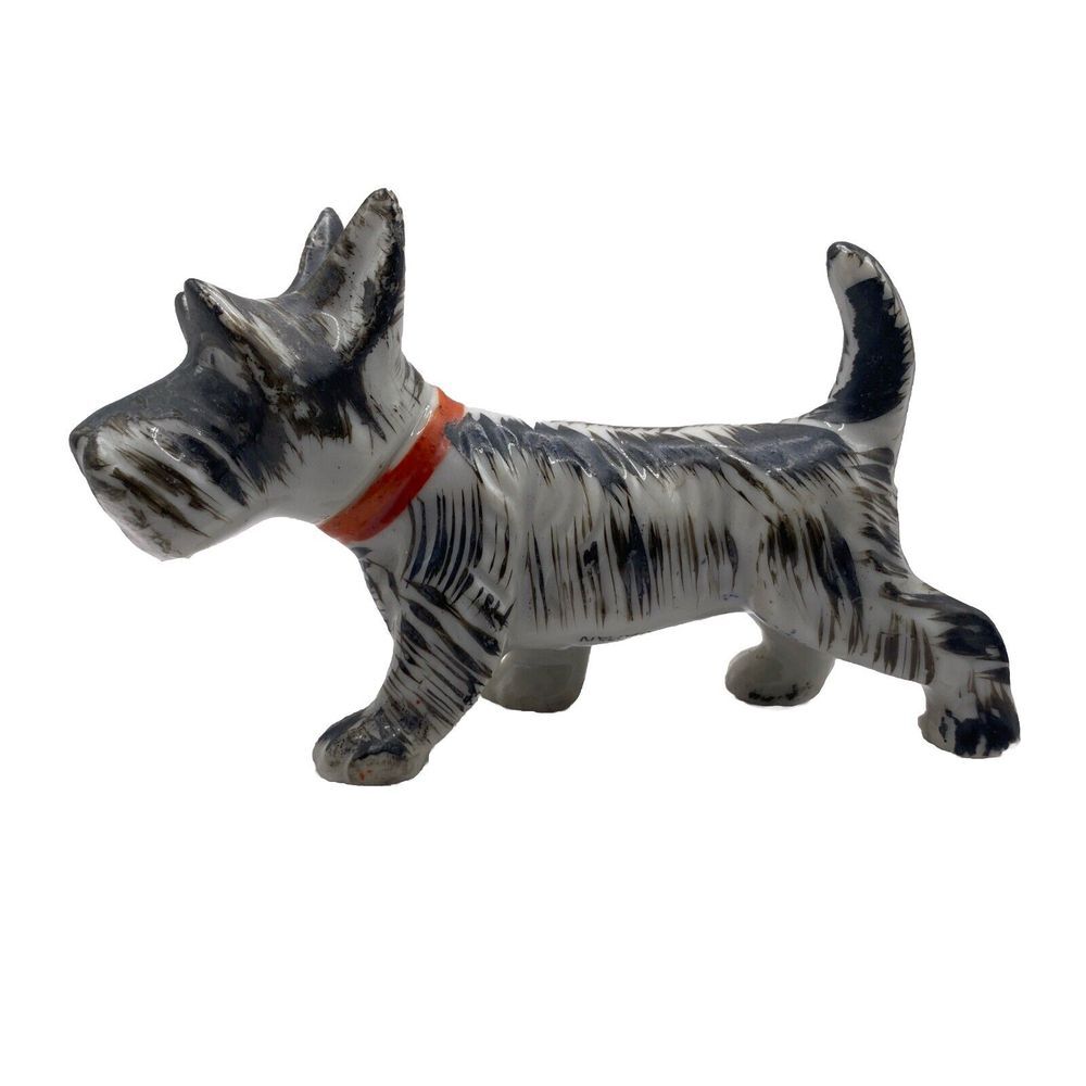 Vintage Scottie Dog Figurine Porcelain Black White Scottish Terrier Japan 5"